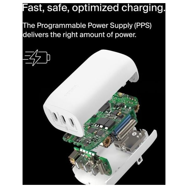  شاحن جداري بلكن  ثلاثي المنافذ - 67 واط - يو اس بي سي - يدعم PPS - ابيض 