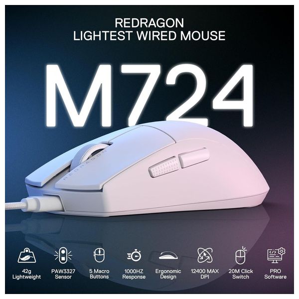  ماوس ألعاب ريدراغون M724 - سلكي - 5 أزرار قابلة للبرمجة - أبيض 