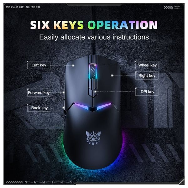 Onikuma CW929 Gaming Mouse - Wired - 1.6m - RGB Lighting - 7 Programmable Buttons - Black 