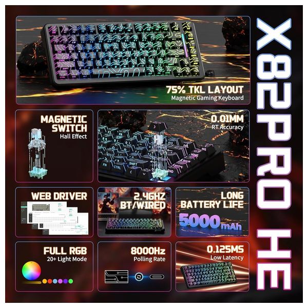 Attack Shark X82 HE Gaming Keyboard - Wireless - RGB Lighting - 83 Keys - Black