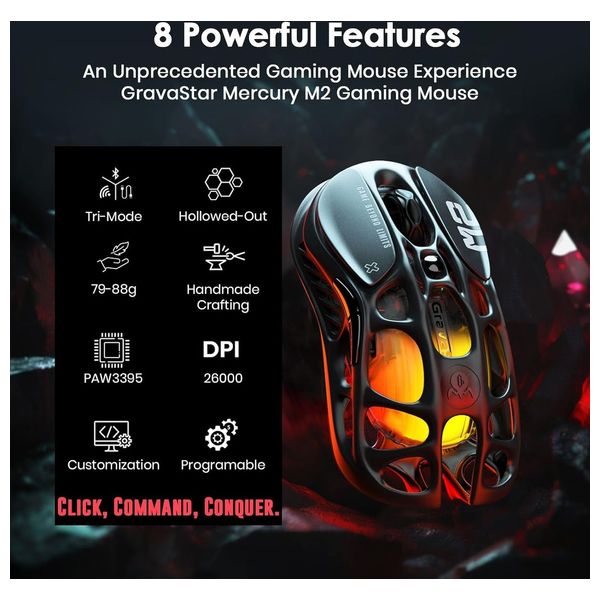 Gravastar M2-BLK-CN Gaming Mouse - Wireless - 5 Programmable Buttons - RGB Lighting - Black