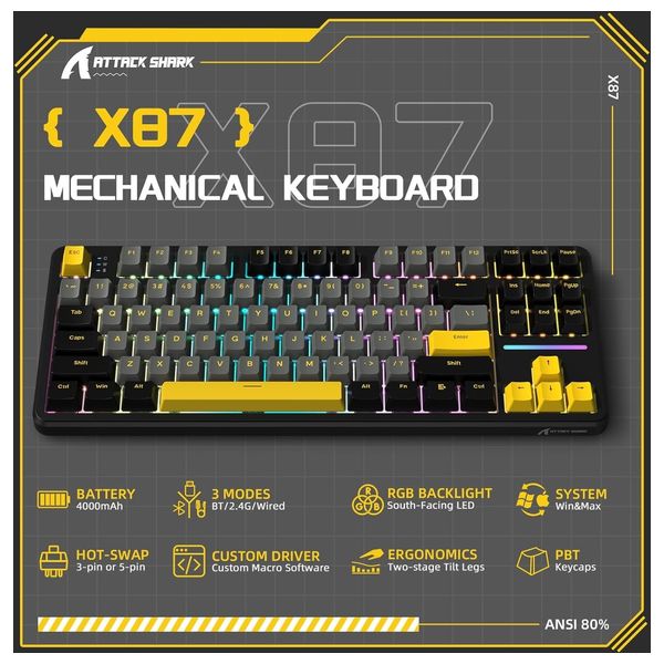 Attack Shark X87 Mechanical Gaming Keyboard - Wireless - RGB Lighting - 87 Keys - Black