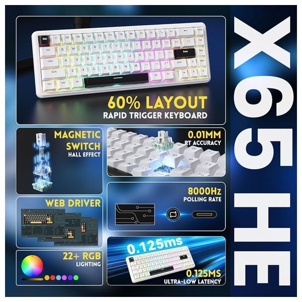 Attack Shark X65 Mechanical Gaming Keyboard - Wired - 67 Keys - RGB Backlighting - White
