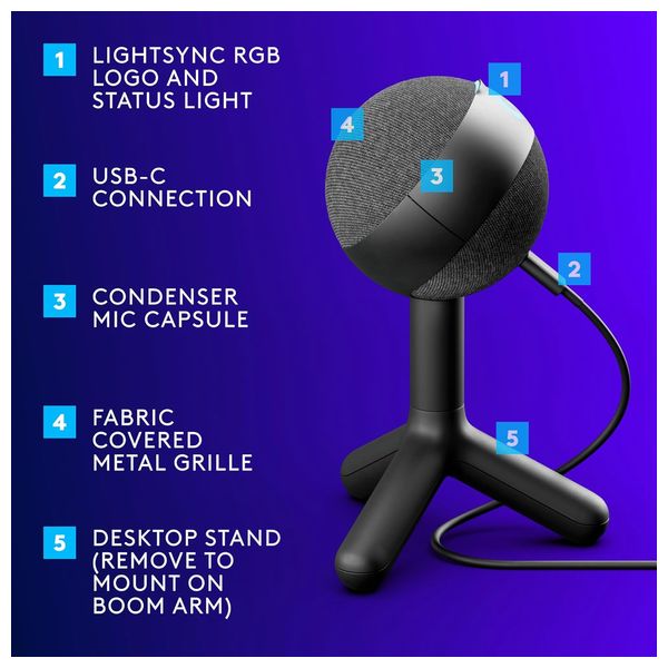 ميكروفون لوجيتك  للألعاب - تقنية LIGHTSYNC RGB - اسود