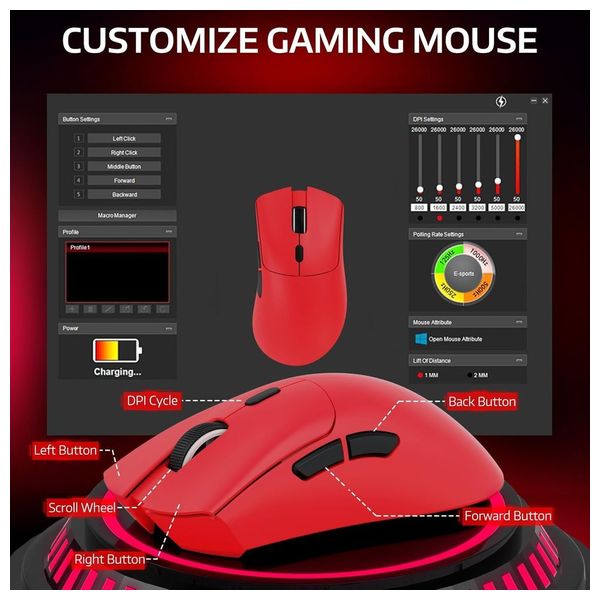 Attack Shark R1 Gaming Mouse - Wireless - 800-18000 DPI - IPS 400 - HUYU Key - Red