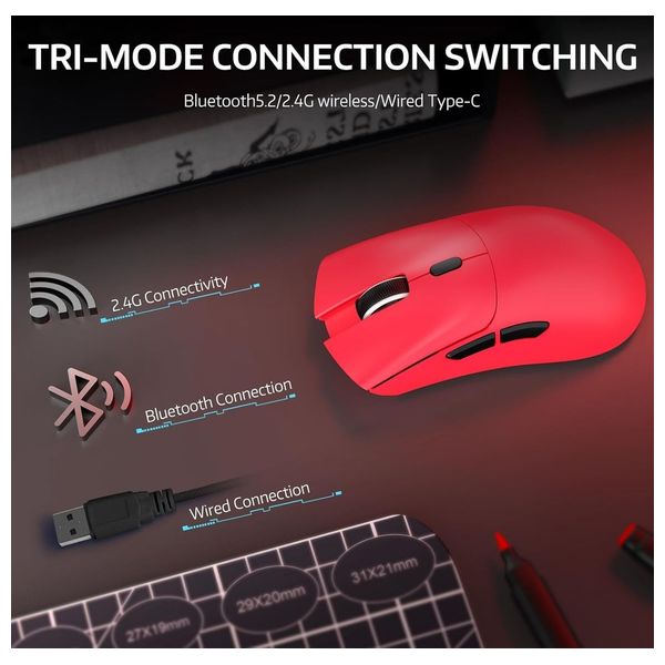 Attack Shark R1 Gaming Mouse - Wireless - 800-18000 DPI - IPS 400 - HUYU Key - Red