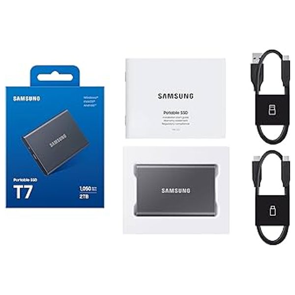  Samsung T7 SSD Portable External Storage Drive – 2TB Capacity, 1050MB/s Speed, USB 3.2 Gen 2, Reliable Gaming Storage - Gray 