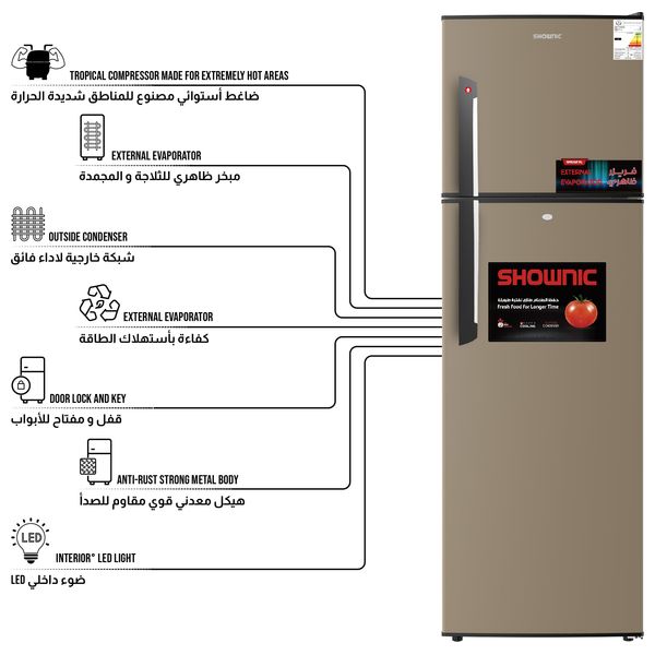  Shownic RF-DFT3501G - Top Mount Refrigerator - 10 ft - 260 L - Gold 