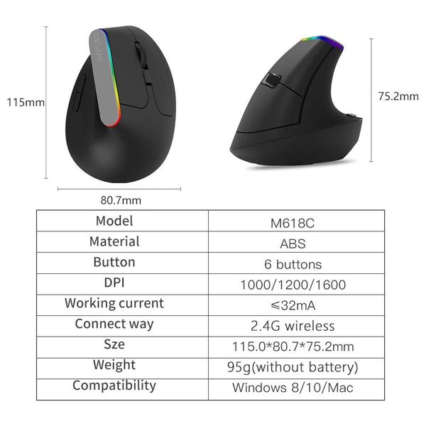  ماوس ماكس ديلوكس عمودي M618C - لاسلكي - إضاءة ار جي بي - لليد اليمنى - اسود 