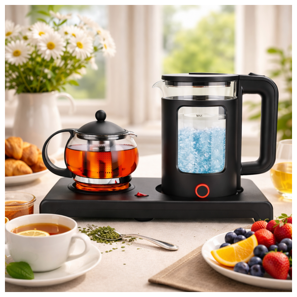 غلاية كهربائية وإبريق شاي من الزجاج سلفر كريست - 2 في 1 - هيكل زجاجي مقاوم للحرارة - أسود