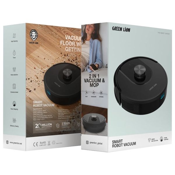  Green Lion Smart Robot Vacuum Cleaner - 3000Pa - 2600mAh Lithium-ion battery - Smart room mapping & path planning - Black 