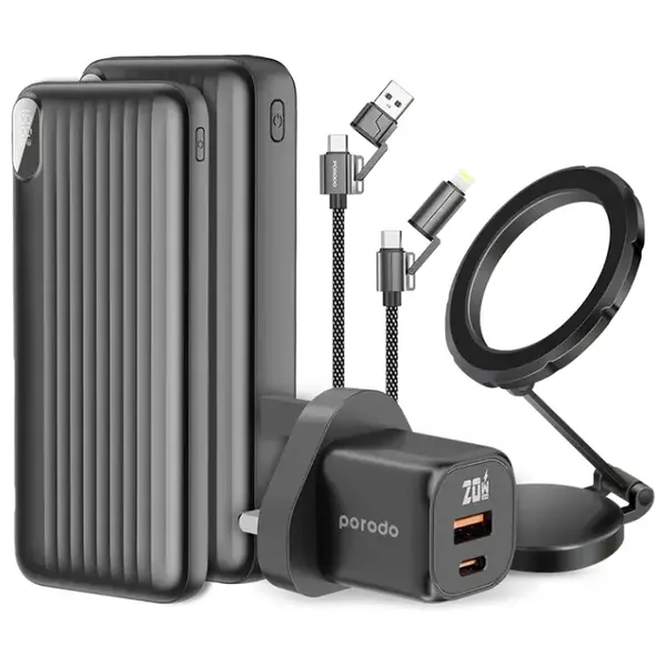  Porodo 5 in 1 Travel Charging Kit - 20000mAh Power Bank - 4 in 1 Cable - MagSafe Car Support - Gray 