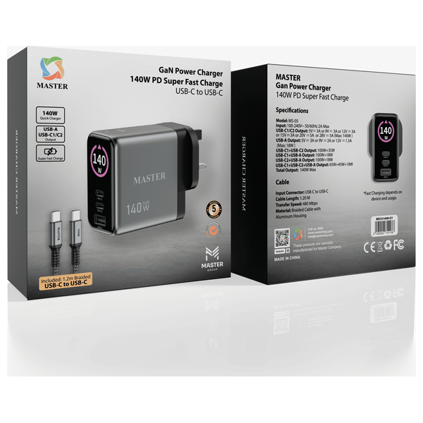  شاحن حائط ماستر - MSCH140W-GY - بقوة 140 واط - رمادي 