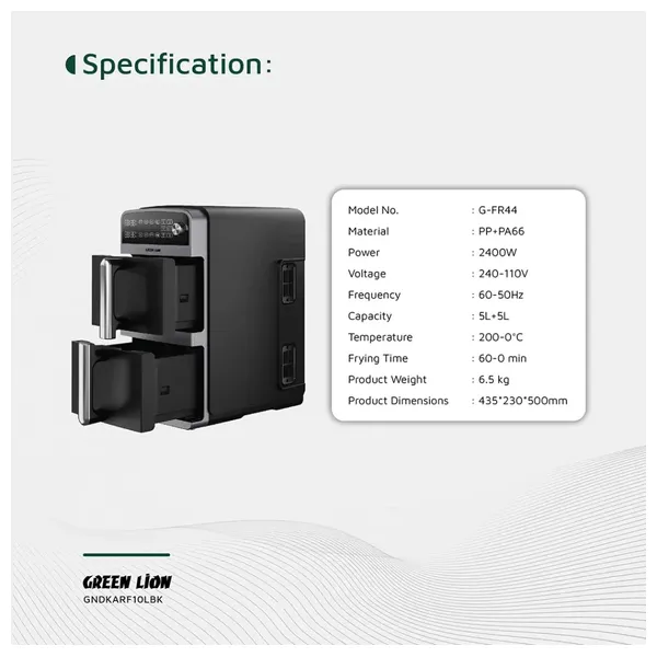  Green Lion Double Decker Air Fryer - 5L per drawer, total 10L capacity - Reaches up to 200°C for quick cooking - Black 