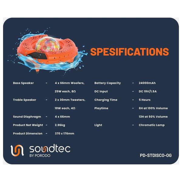  سماعة  بورودو - قوة 100 واط - عائم ومقاوم للماء IPX6 - إضاءة LED كروماتية  - يدعم بطاقة الذاكرة - برتقالي 