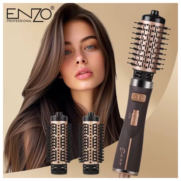  إنزو فرشاة الاحترافية لتصفيف الشعر للاستخدام الجاف والرطب - 3 رؤوس فرش قابلة للتبديل - 1500 واط - برونزي 