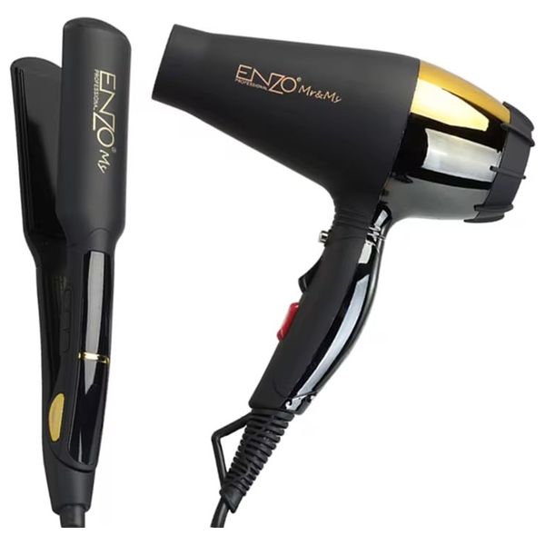  إنزو مجموعة بروفيسور بلاك غولد الفاخرة للعرسان - جهاز تمليس الشعر, مجفف أيوني, وسيروم دكتور إنزو 