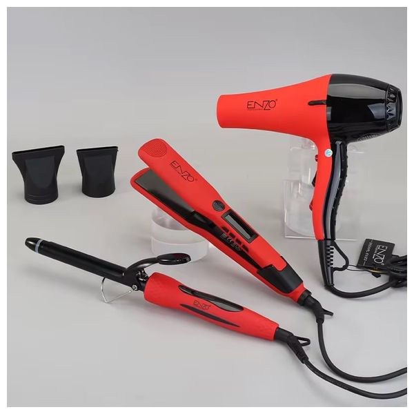  انزو مجموعة تصفيف الشعر المتكاملة - 3 قطع - EN-6306 - أحمر 