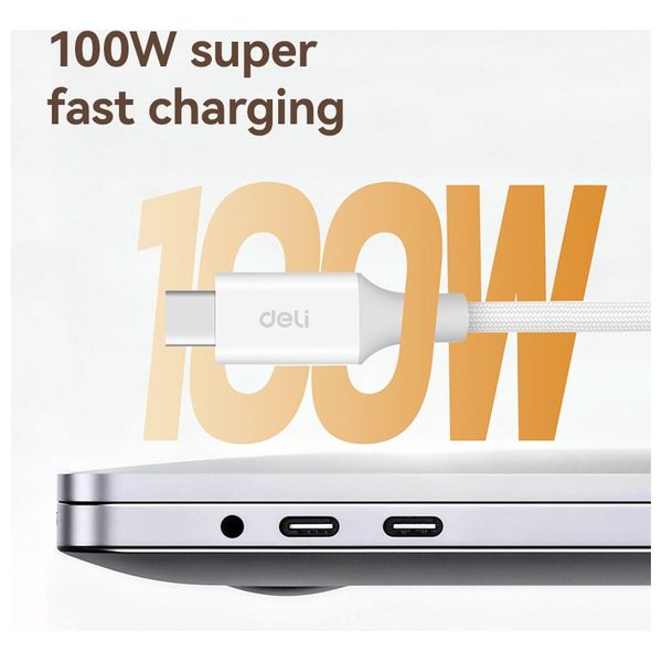  Deli - USB-C to USB-C Cable - 2m - 100W - White 