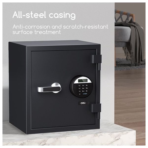 Deli T581 - Safe with Key & Digital PIN - Fire Resistant - 42 x 38 x 30 cm - Black 