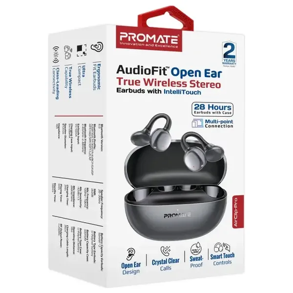  Promate AirClip-Pro In-Ear Bluetooth Earbuds - 28 Hours Battery Life with Charging Case - Bluetooth 6 - Black 