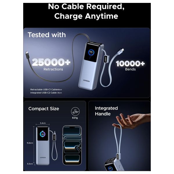  Ugreen Nexode - Power Bank - 200W - 25000mAh - with Built in Cables - Blue 
