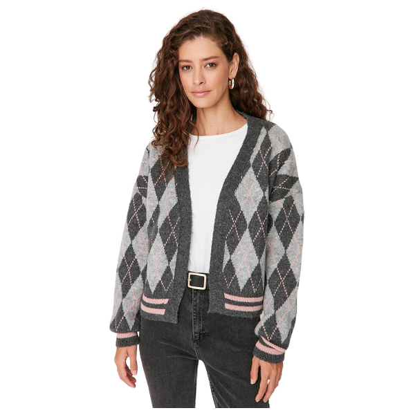 Trendyolmilla Women’s Wide Fit Soft Textured Diamond Patterned Knitwear - Gray