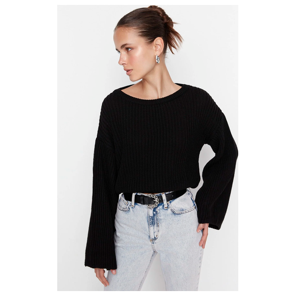 Trendyolmilla Women’s Crop Spanish Sleeve Knitwear Sweater - Black