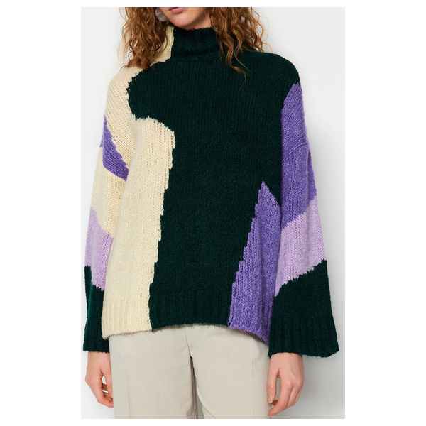 Trendyolmilla Women’s Soft Textured Color Blocked Knitwear Sweater - Emerald Green