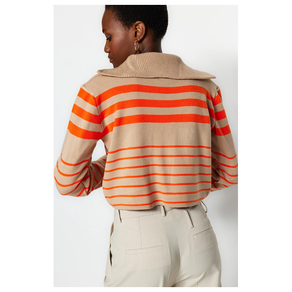 Trendyolmilla Women’s Crop Striped Polo Neck Knitwear Sweater - Beige