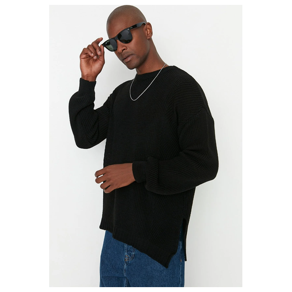 Trendyol Man Men's Oversize Fit Wide Fit Crew Neck Slit Knitwear Sweater - Black