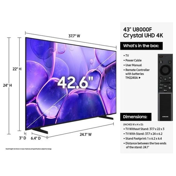  Samsung U8000 - 43 inch - 4K - LED - Smart - 50 Hz - Tizen OS - Black 