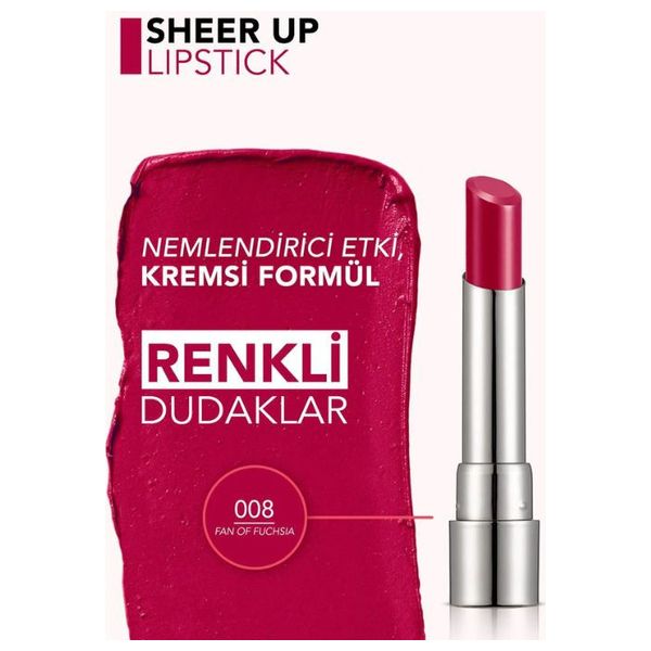  Flormar Sheer Up Moisturizing Glossy Lipstick - Creamy Formula, 008 Fan of Fuchsia 