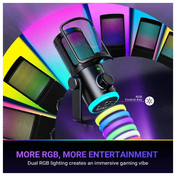  مايكروفون ألعاب وبث USB فيفيني AmpliGame  - مكسر موازنة اللعبة/المحادثة - عزل ضوضاء ذكي وإضاءة RGB - AM6 - أسود 