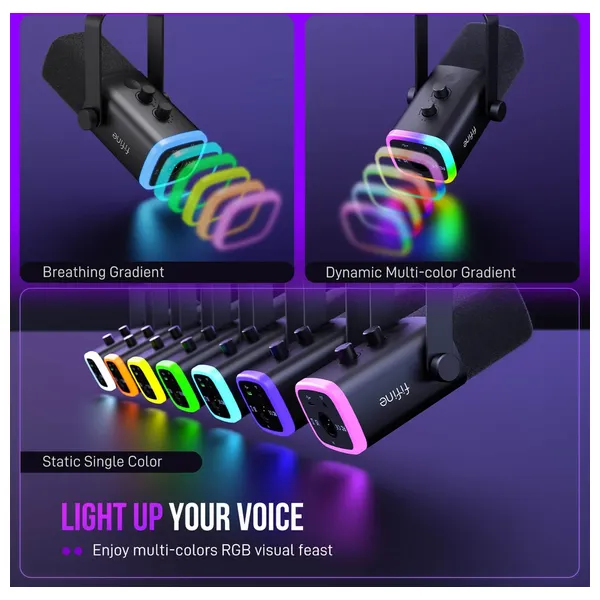  مايكروفون ألعاب وبث ديناميكي فيفيني امبليكيم  - منفذ مزدوج USB و XLR - إضاءة RGB وزر كتم لمسي - AM8 - أسود 