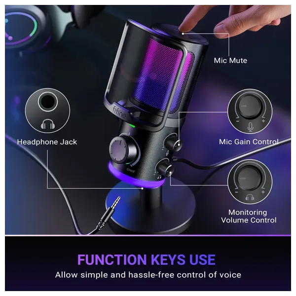  مايكروفون ألعاب وبث USB فيفيني AmpliGame  - مكسر موازنة اللعبة/المحادثة - عزل ضوضاء ذكي وإضاءة RGB - AM6 - أسود 