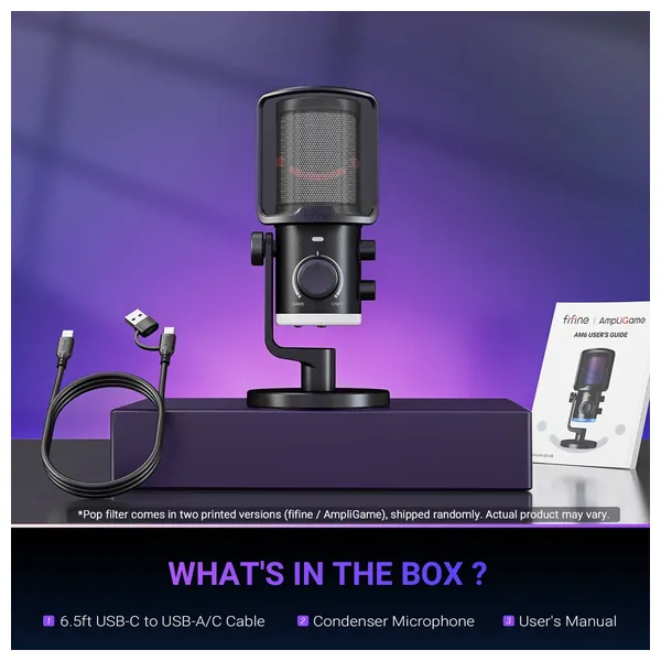  مايكروفون ألعاب وبث USB فيفيني AmpliGame  - مكسر موازنة اللعبة/المحادثة - عزل ضوضاء ذكي وإضاءة RGB - AM6 - أسود 