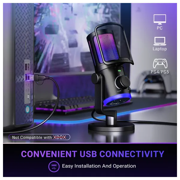  مايكروفون ألعاب وبث USB فيفيني AmpliGame  - مكسر موازنة اللعبة/المحادثة - عزل ضوضاء ذكي وإضاءة RGB - AM6 - أسود 