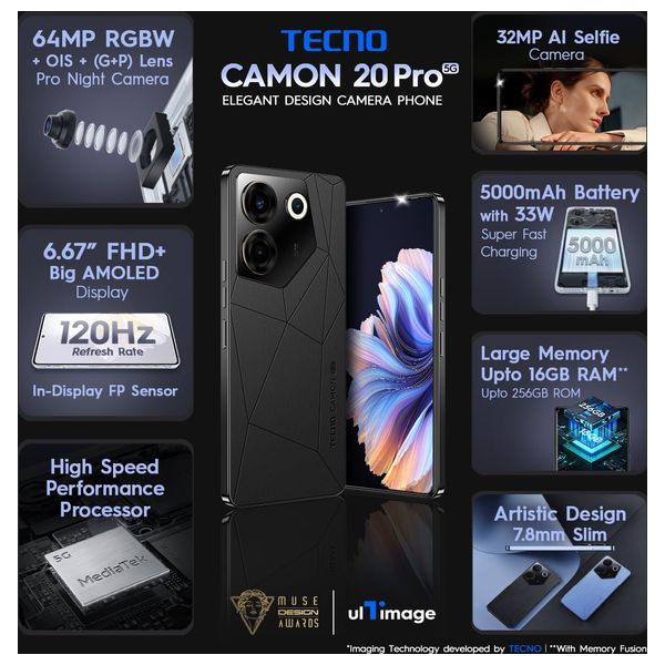 تيكنو Camon 20 Pro - 5G - دبل سيم - 256/8 كيكابايت