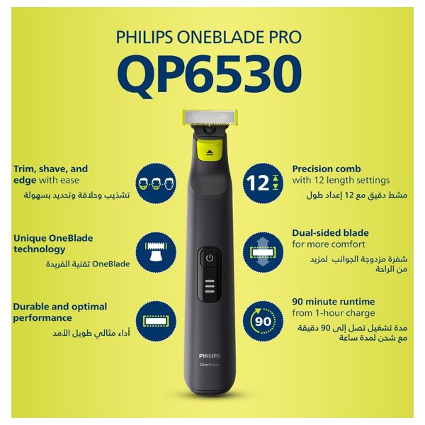 Philips QP6530/23 - OneBlade Pro Wet & Dry Trim, edge and shave any length of hair - Black