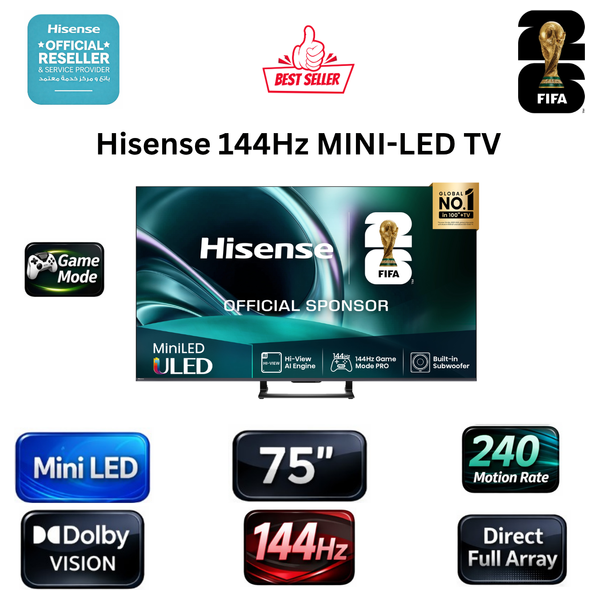  شاشة هايسنس - 75 بوصة -  فئة U7Q - سمارت - دقة 4K - شاشة Mini-LED - معدل تحديث 144Hz - معدل حركة 240 
