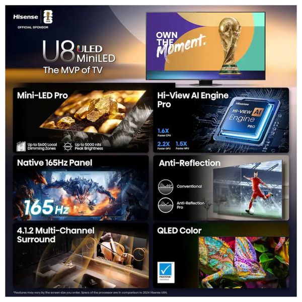  شاشة هايسنس - 85 انش - 4K - Mini LED - نظام فيدا - وضع لعبة VRR بتردد 165 هرتز - U7Q-PRO - بدون إطار 