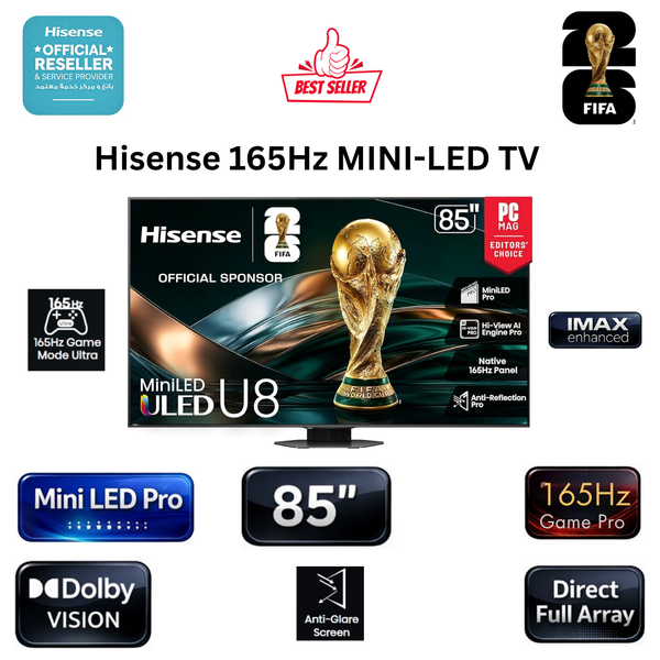  شاشة هايسنس 85 انش - Mini LED - 4K - تلفزيون ذكي - 165 هيرتز - فيدا - U8Q - اسود 