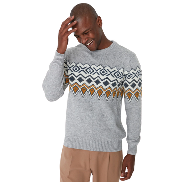 Trendyol Man Men's Slim Fit Crew Neck Jacquard Paneled Knitwear Sweater - Gray