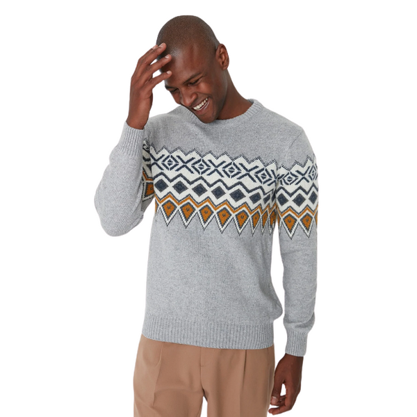 Trendyol Man Men's Slim Fit Crew Neck Jacquard Paneled Knitwear Sweater - Gray