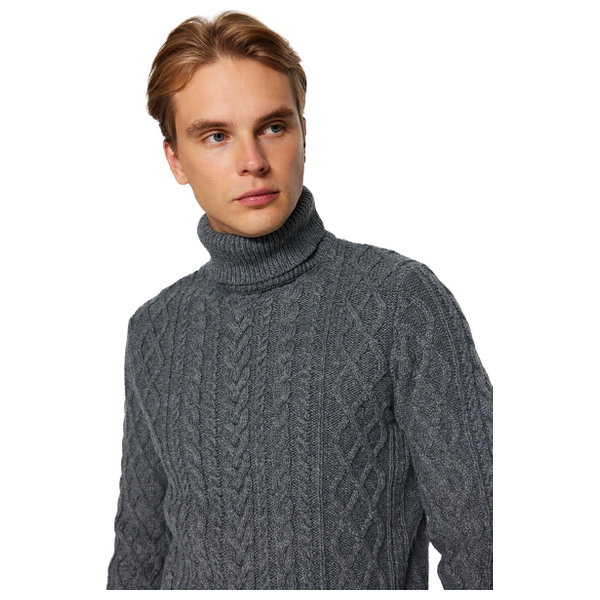 Trendyol Man Men's Slim Fit Turtleneck Hair Braided Knitwear Sweater - Gray