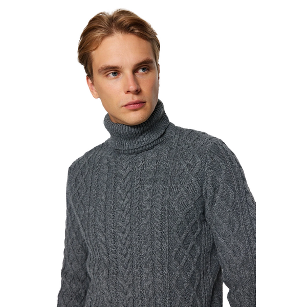 Trendyol Man Men's Slim Fit Turtleneck Hair Braided Knitwear Sweater - Gray