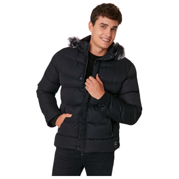 Trendyol Man Men's Regular Fit Fleece Windproof Inflatable Winter Coat - Black