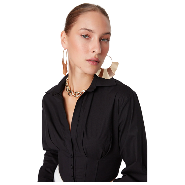 Trendyolmilla Crop Lined Corset Detailed Poplin Shirt - Black