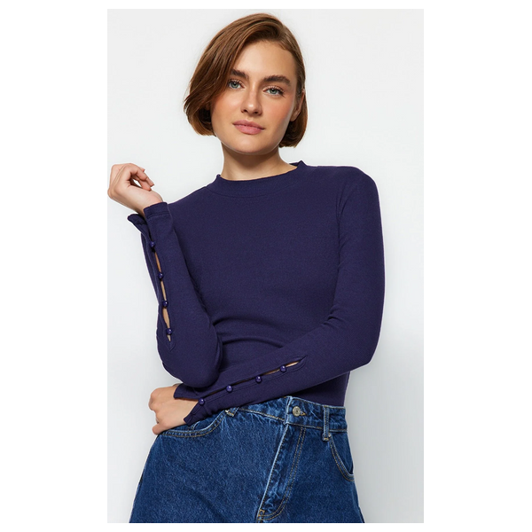 Trendyolmilla Buttoned Corduroy Stand-Up Collar Cotton Flexible Knitted Blouse - Navy Blue